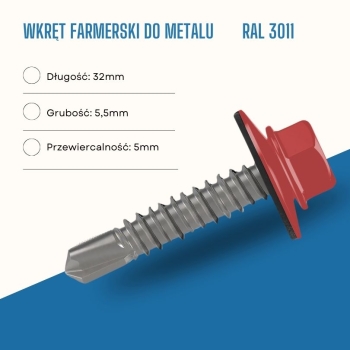 Wkręt farmerski do metalu 5,5X32 mm przewiercalność 5 mm w kolorze RAL 3011